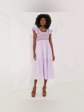Tuckernuck Lavendar Smocked Midi Ruffle Sleeve Cotton Summer Dress, Large